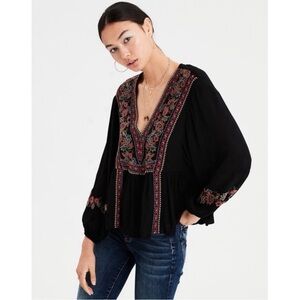 American Eagle Woman Black Embroidered Balloon Sleeve Top SMALL Boho Whimsigoth